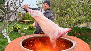 Fried a Whole 15kg Ram in a tandoor Super soft meat with a crispy crust [upl. by Kcinimod]