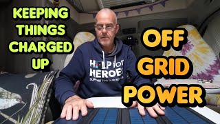 OFF GRID LIVING HOW TO CHARGE STUFF WITHOUT BEING ON ELECTRIC HOOK UP PORTABLE POWER SOLAR POWER [upl. by Shaner]