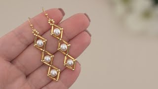 Easy Earring Tutorial with Bugle Beads Gold Diamond Pearl Earrings Making  Handmade Pearls Jewelry [upl. by Ahsilif57]