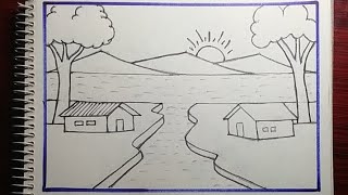 How To Draw A Scenery With Pencil  landscape scenery drawing tutorial [upl. by Wivina]