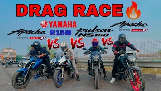 2024 PULSAR NS160 VS APACHE RTR 160 4V VS R15M 🔥DRAG RACE 💥RACE TILL THEIR POTENTIAL 🥵 [upl. by Tterag]