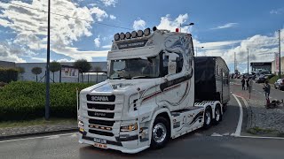 Truckshow Ciney 2024 Departure beautiful showtrucks V8 open pipes sounds [upl. by Hgielram]