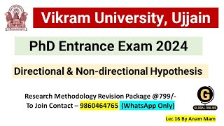 Directional amp Nondirectional Hypothesis Research Methodology Vikram University PhD Exam 2024 16 [upl. by Sheline696]