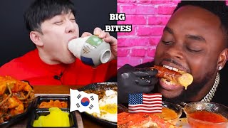 American vs Koreans BIG BITES challenge who takes the biggest bites [upl. by Engamrahc]