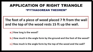 APPLICATION OF RIGHT TRIANGLE  THE PYTHAGOREAN THEOREM [upl. by Neram126]