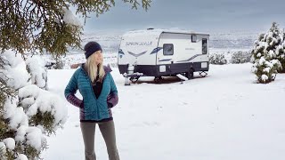 HUNKERING DOWN IN A SNOW STORM Cozy in my Trailer  Living in a Travel Trailer  Winter Camping [upl. by Olram610]