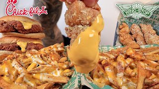 MUKBANG EATING WINGSTOP VOODOO CHEESE FRIES CHICKEN TENDERS CHICK FIL A SPICY CHICKEN SANDWICH ASMR [upl. by Irrab]