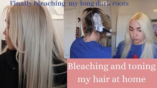 BLEACHING MY HAIR AT HOME  how I bleach and tone my hair ash blonde  bleaching long dark roots [upl. by Pontius]