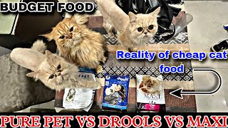 Pure pet vs drools vs maxi cat food review and comparison  reality of budget cat food [upl. by Yzeerb]