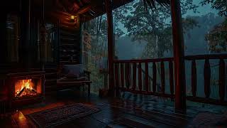 Balcony Cabin in The Forest on Rainy Day with a fireplace burnings for Deep Relaxing [upl. by Nostrebor]