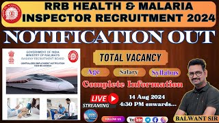 RRB Health amp Malaria Inspector Recruitment 2024  Railway Health Sanitary Inspector vacancy 2024 [upl. by Katusha]