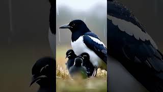 Protective mother Magpie Bird and Chicks in RainSoaked Meadow Alert birds rain mother [upl. by Paulsen]