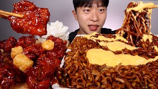 짜장라면 치즈소스천년 닭강정이랑 같이 먹어보겠습니다 먹방 ASMR MUKBANG BLACK BEAN NOODLES SWEET CHICKEN EATING SHOW [upl. by Biancha348]