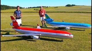 INCREDIBLE  2 HUGE RC MD11 PASSENGER SCALE MODEL TURBINE JET AIRLINER SYNCRO FLIGHT DEMONSTRATION [upl. by Airuam]