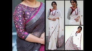 16 Trendy Linen Saree Blouse Designs  Linen Saree Matching Blouse [upl. by Siloum]