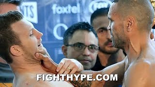 WHOA ANTHONY MUNDINE GRABS JEFF HORN BY THE THROAT AND SHOVES HIM AT HEATED WEIGHIN [upl. by Acinorav]