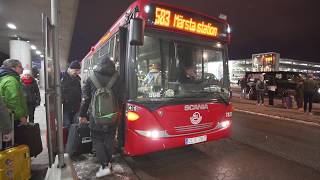 Sweden Stockholm winter night ride with bus 583 from Arlanda Airport T5 to Märsta railway station [upl. by Akinod]