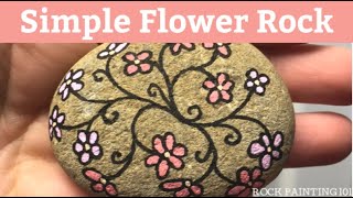 How to paint a SIMPLE FLOWER ROCK with pretty vines  A quick stone painting idea for beginners [upl. by Amles]