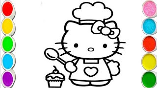 Hello Kitty trying to bake Cupcakes Drawing Painting Coloring for Kids and Toddlers [upl. by Rutherfurd]