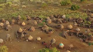 Aerial view of a Toposa traditional village Namorunyang State Kapoeta South Sudan [upl. by Anisamot269]