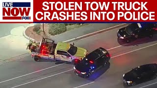 Dangerous police chase Stolen tow trucks crashes into cars police cruisers  LiveNOW from FOX [upl. by Nacnud]