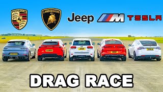 Lambo Urus v Porsche Turbo GT v BMW X6M v Tesla Model X v Jeep Trackhawk DRAG RACE [upl. by Savdeep954]