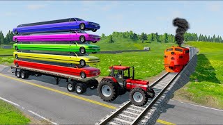 Double Flatbed Trailer Truck vs Speedbumps Train vs Cars  Tractor vs Train BeamngDrive [upl. by Eenaej]