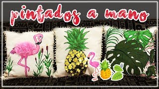 🦩🍍 COJINES decorativos PINTADOS en MANTA ¿Cómo PINTAR MANTA CRUDA [upl. by Yllil]