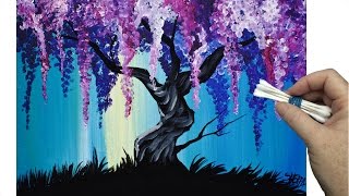 Wisteria Willow Tree Q Tip Painting Technique for BEGINNERS EASY Acrylic Painting  TheArtSherpa [upl. by Notyalk954]