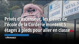 Privés dascenseur les élèves de lécole de la Corderie montent 5 étages à pied pour aller [upl. by Loram]