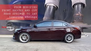 TOYOTA VIOS GEN3 FROM MODIFIED FRONT SHOCKS AND CUT REAR SPRINGS TO LampT LOWERING SPINGS BY AUTOBOYS [upl. by Elac]