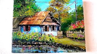 Acrylic Painting  House at pondside Using 4 colors  Landscape Scenery art drawing how diy new [upl. by Nohpets662]