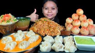 Asmr Spicy Noodles with Pani Puri  Golgappa  Chicken Momo Jhol Momo amp Spring Roll Mukbang [upl. by Peadar103]