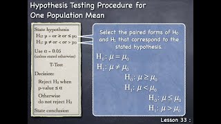 Lesson 33  Hypothesis Testing Procedure for One Population Mean [upl. by Cally552]