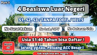 4 Beasiswa S1 S2 S3 Tanpa TOEFL  IELTS 2024  PART 1  beasiswas1 beasiswaluarnegeri beasiswa [upl. by Schiro]