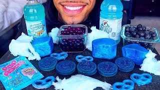 ASMR BLUE FOODS RARE BLUE OREOS COTTON CANDY BOBA BLUEBERRIES PRETZELS POP ROCKS EATING SHOW MUKBANG [upl. by Leziar]