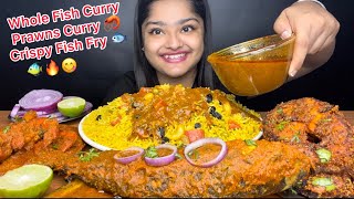 SPICY WHOLE FISH CURRY 🐟 SPICY PRAWNS CURRY🦐 AND CRISPY TAWA FISH FRY WITH VEGETABLE PULAOMUKBANG [upl. by Atelahs]