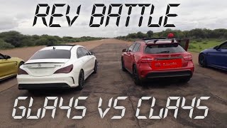 Mercedes AMG CLA45 vs Mercedes AMG GLA45 rev battle Pops and bangs Cars924 [upl. by Peednam]