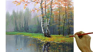 Acrylic Landscape Painting in Timelapse  Birch Tree in Misty Forest  JMLisondra [upl. by Cadal]