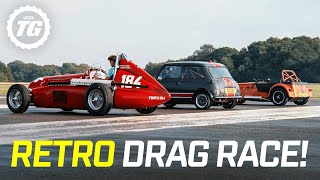 RETRO DRAG RACE Caterham 170R vs Mini Oselli vs Tipo 184  Top Gear [upl. by Aileve928]