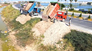 First Starting new Project Dump truck unloading soil filling up with Bulldozer pushing soil soil [upl. by Airetal868]