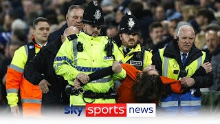 Protester ties himself to a goal post at Goodison Park delaying Everton vs Newcastle game [upl. by Asilahs]