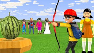 Scary Teacher 3D vs Squid Game Archery Challenge  Hit 5 Fruit Targets with Heroes [upl. by Keelin]