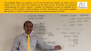 Ecuaciones lineales aplicadas a la gestión Problema sobre costo ingreso utilidad y punto de equi [upl. by Pappano285]