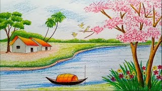 How to draw landscape  scenery of spring season with oil pastels color step by step [upl. by Trbor]