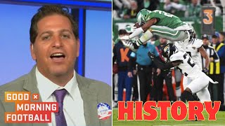 GMFB  quotSaquon Barkleys spin into reverse hurdle is most athletic play in NFL historyquot  Peter [upl. by Nahgam591]