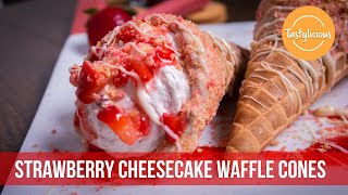 Delicious Strawberry Cheesecake Stuffed Waffle Cone Recipe  Easy Dessert Recipes [upl. by Axela]