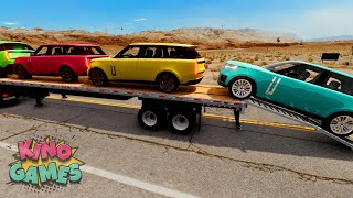 Double Flatbed Trailer Truck vs Speedbumps Train vs Cars  Tractor vs Train BeamngDrive 02 [upl. by Mulford]