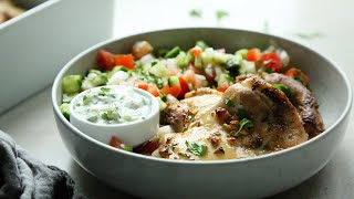 Garlicky Greek Baked Chicken and Tzatziki Recipe [upl. by Enilec]