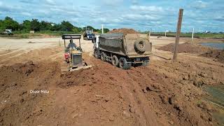 Start New Project Landfill Flooded Area Bulldozer KomatSu D31p Truck 25 5Ton Unloading [upl. by Aisat562]